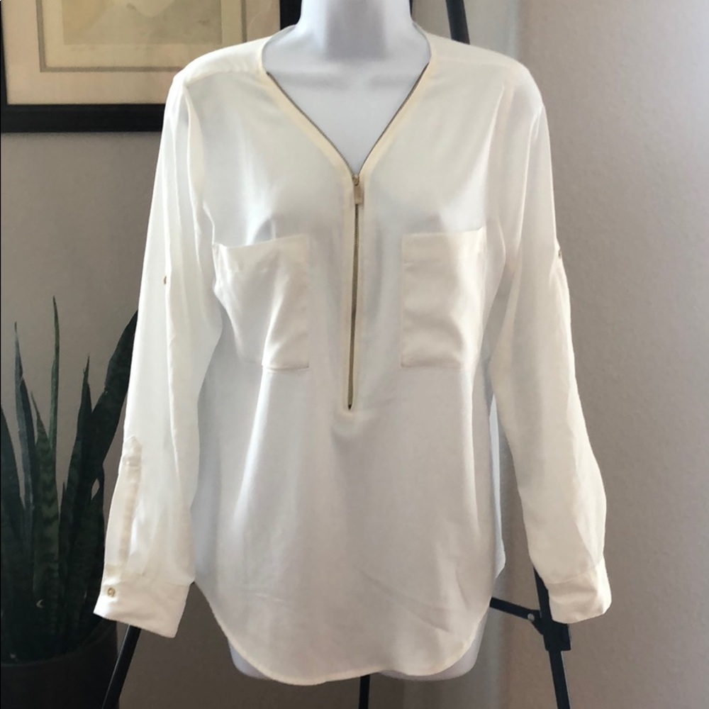 Calvin Klein Gold Zip Front Long Sleeve Blouse S